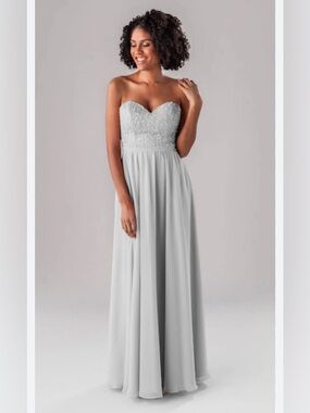 MoriLee Bridesmaid, Prom, Maxi Dress Lace Bodice Strapless Chiffon Skirt Silver